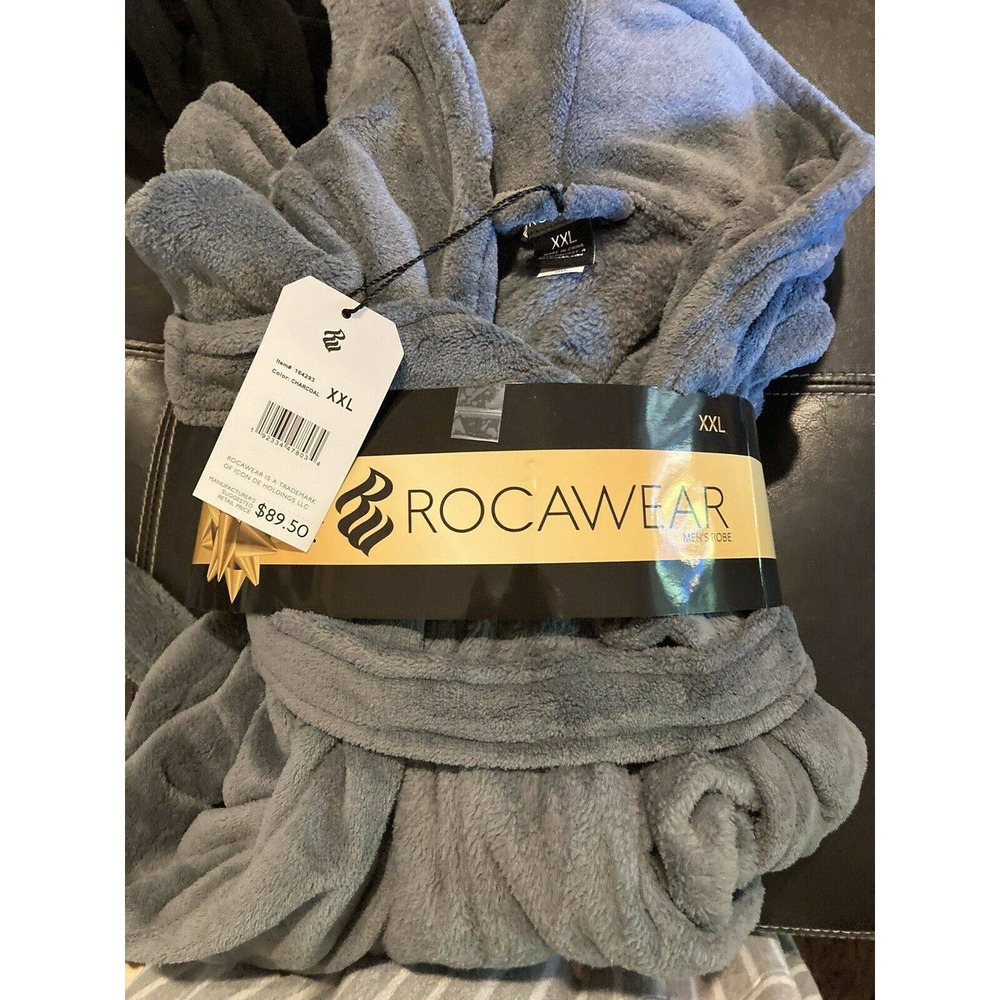 NEW NO BELT Rocawear Men Robe Loungewear Cozy Plush Fleece Hooded XXL Gray